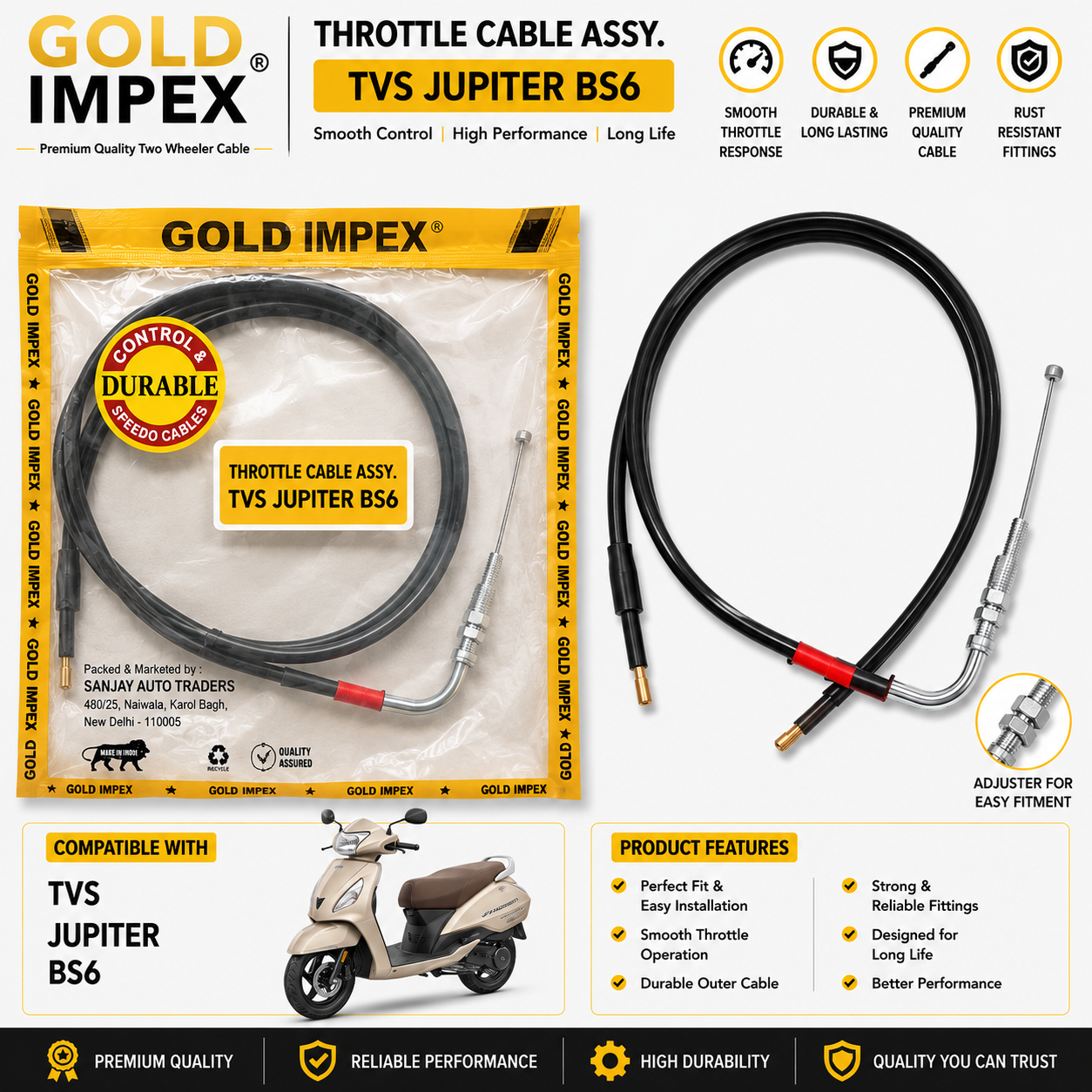 GOLD IMPEX Throttle Cable Assembly for TVS Jupiter BS6 | Accelerator Cable