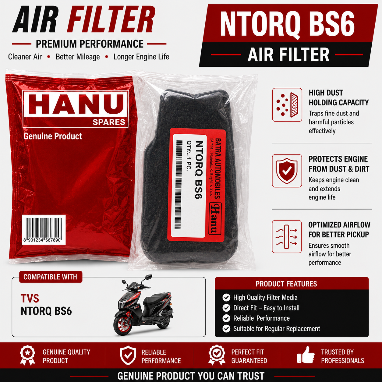 Hanu Air Filter for TVS NTORQ BS6 | Replacement Scooter Air Filter
