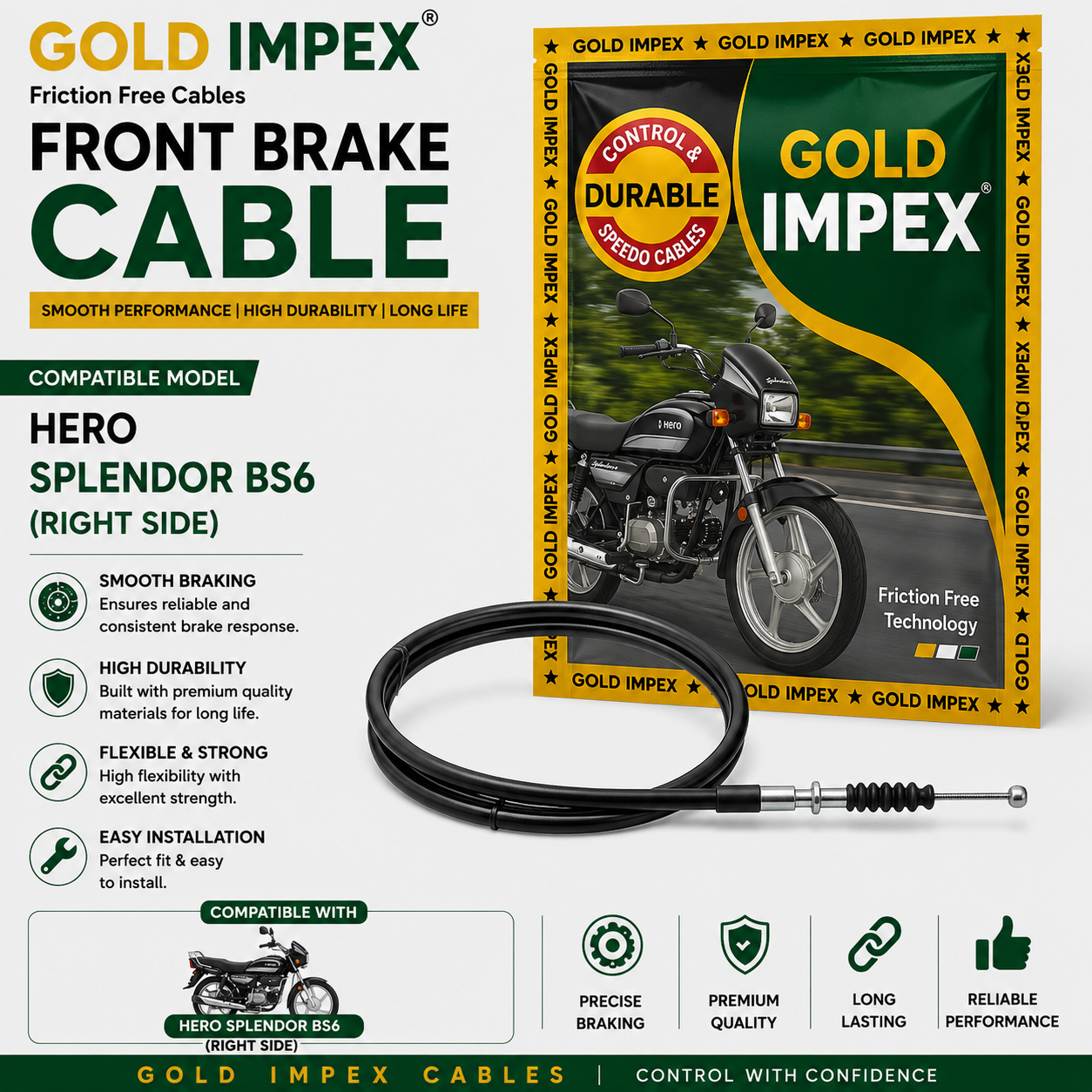 Gold Impex Front Brake Cable for Hero Splendor BS6 (Right Side) | Friction Free Control Cable | Premium Replacement Spare Part