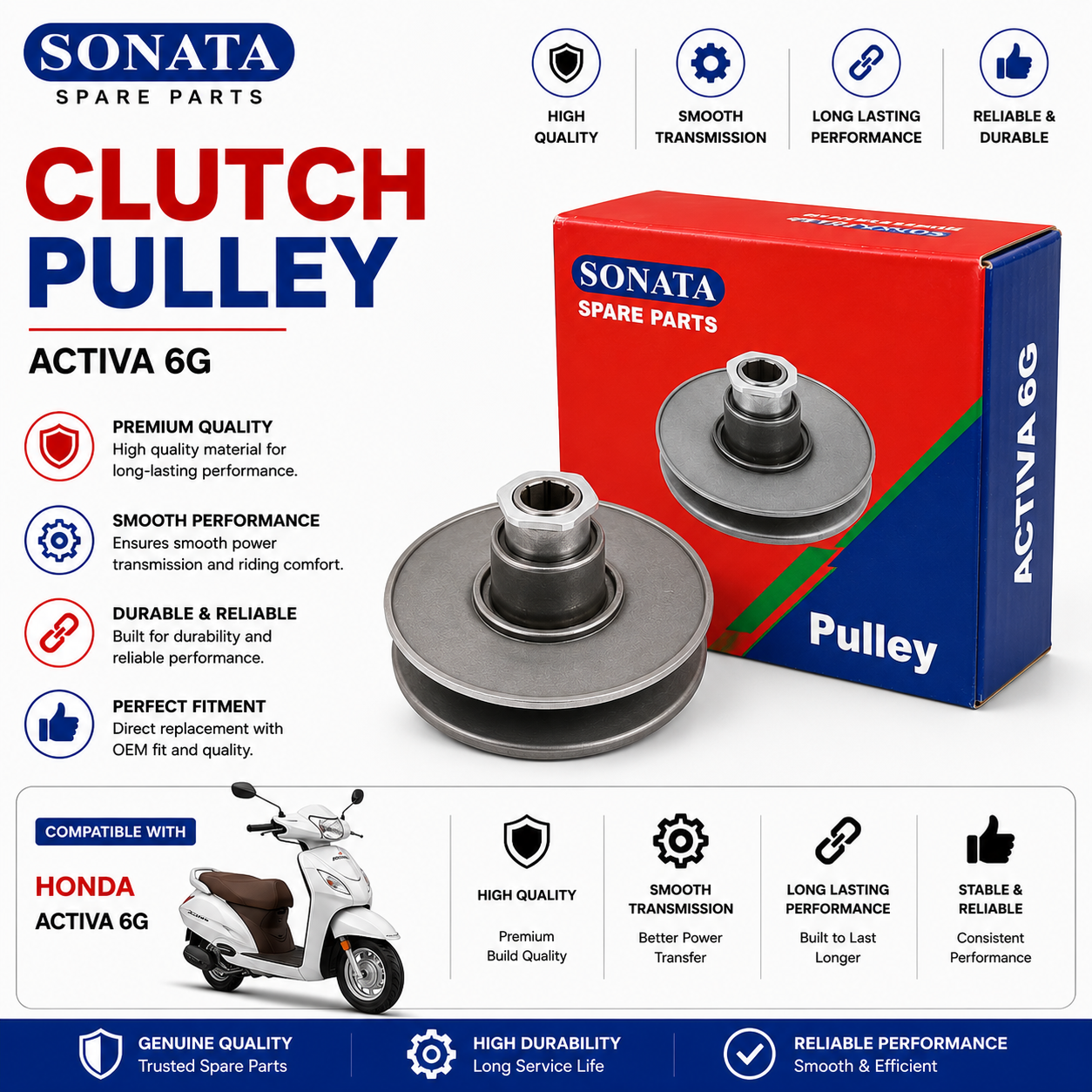 Sonata Clutch Pulley for Honda Activa 6G | Premium CVT Driven Pulley Assembly | High Performance Scooter Spare Part
