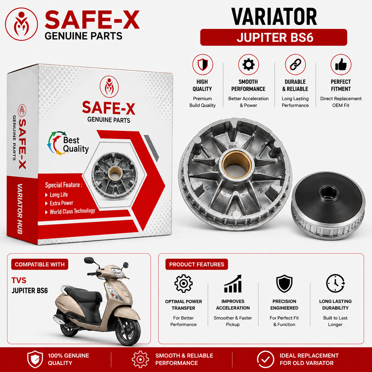 SAFE-X Variator Assembly for TVS Jupiter BS6 | Premium CVT Variator
