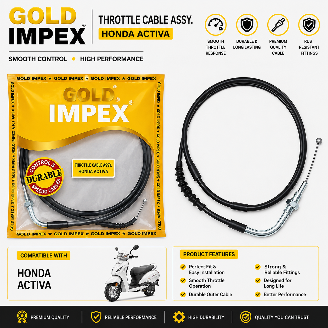 Gold Impex Throttle Cable Assembly for Honda Activa | Accelerator Cable