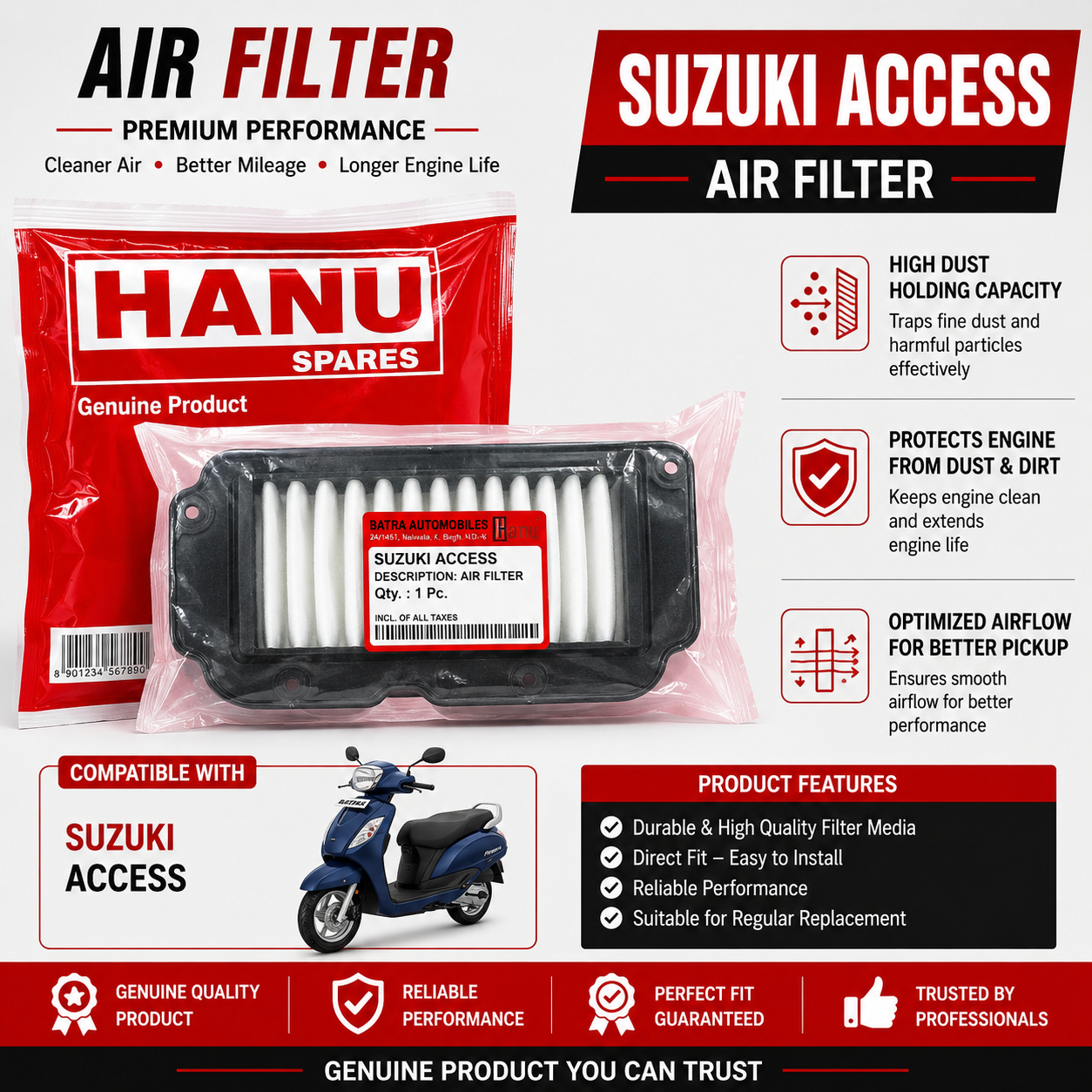 HANU Air Filter for Suzuki Access | Premium Two Wheeler Air Cleaner Filter
