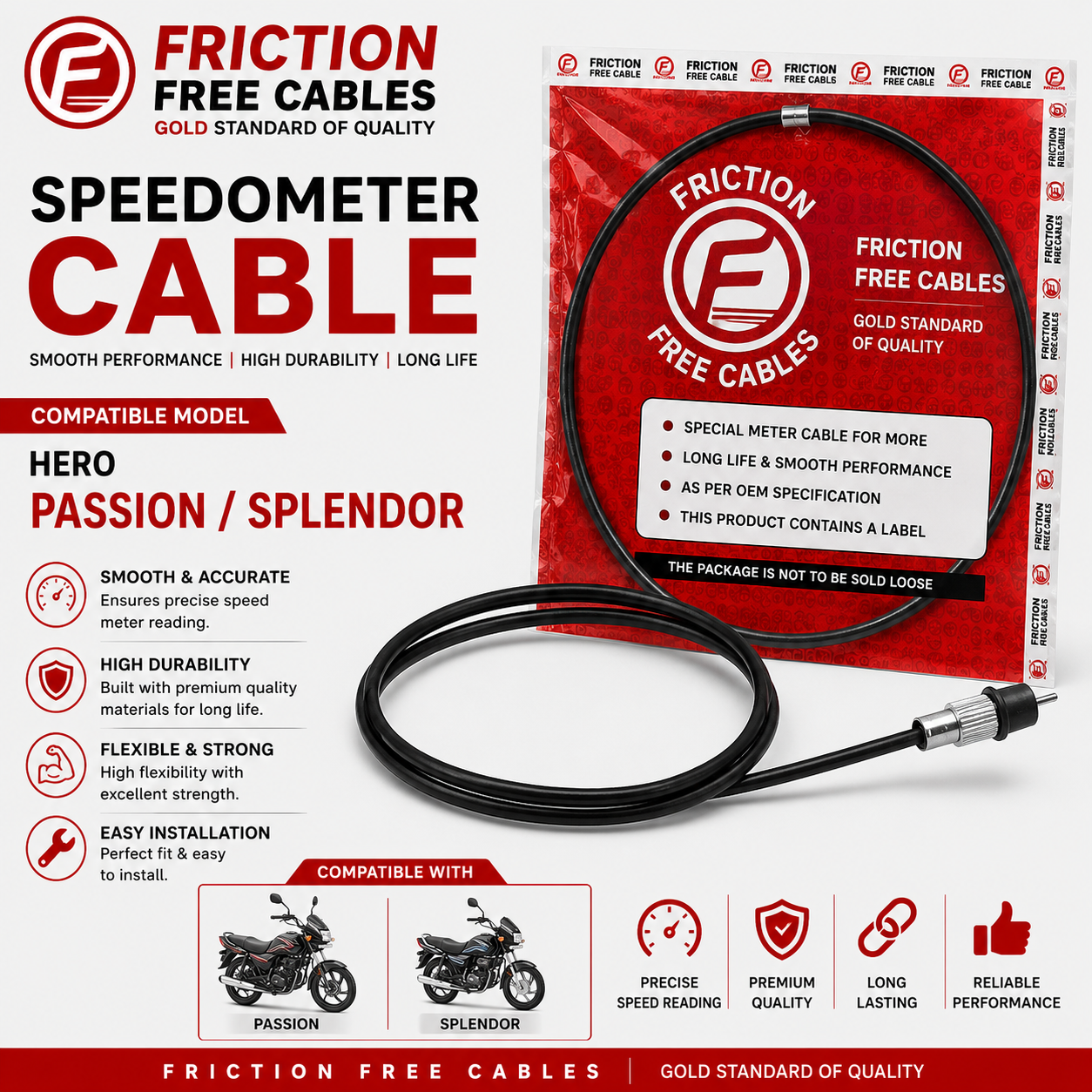 Friction Free Speedometer Cable for Hero Passion & Hero Splendor | Premium Meter Cable
