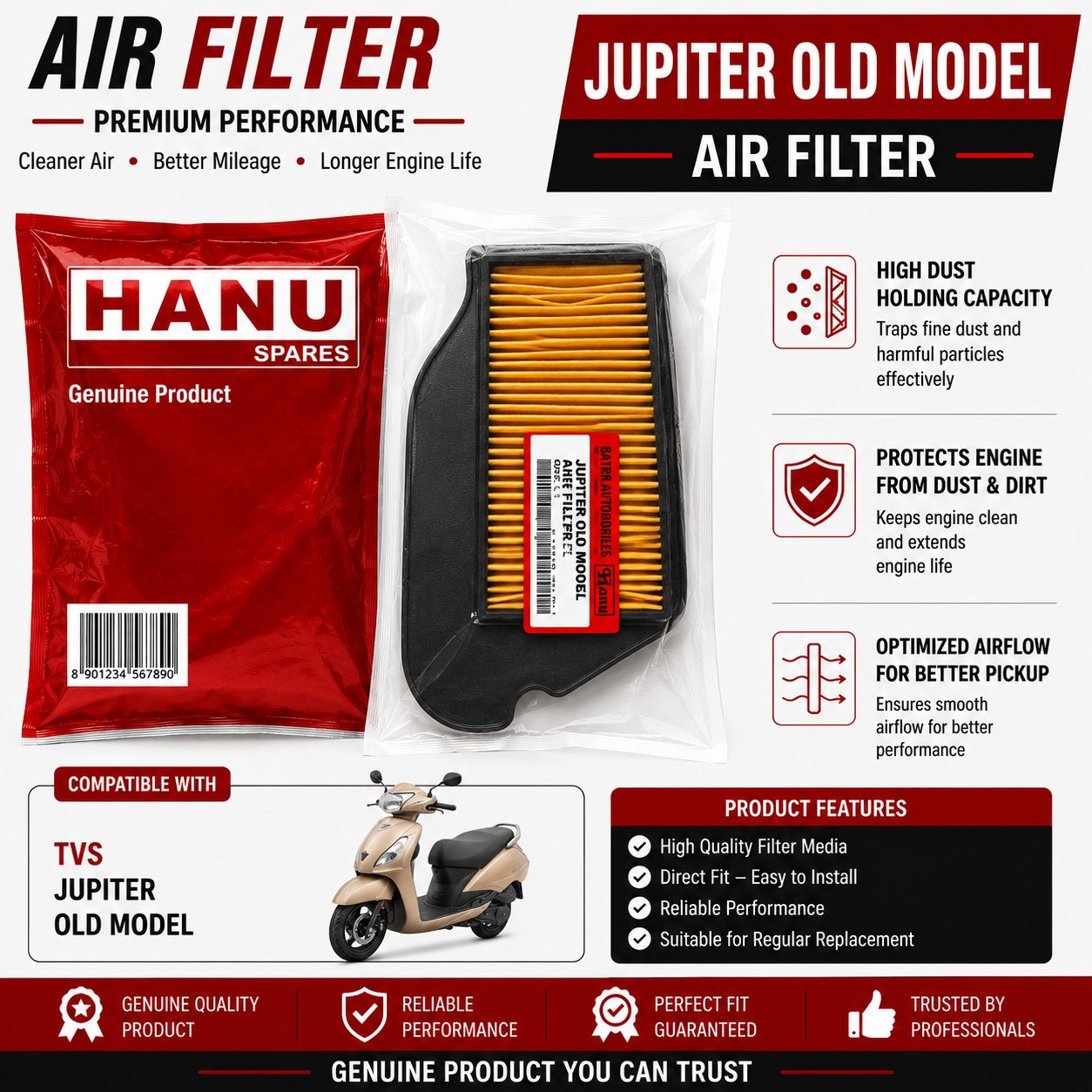 Hanu Air Filter for TVS Jupiter Old Model | Replacement Scooter Air Filter