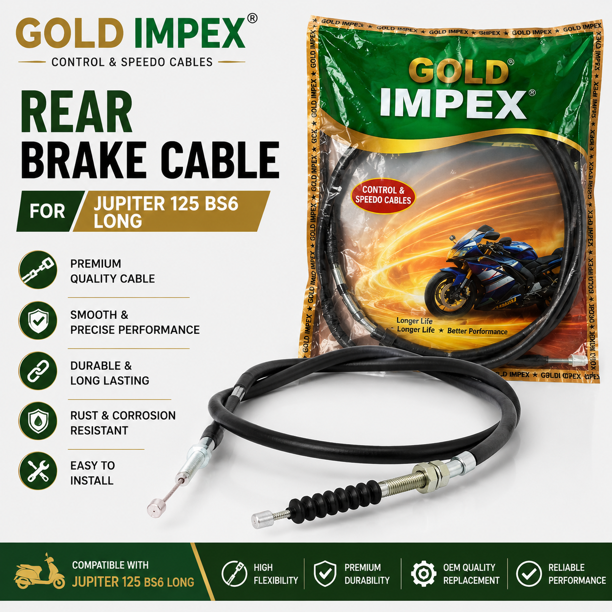 Gold Impex Rear Brake Cable for TVS Jupiter 125 BS6 (Long) | Premium Friction Free Brake Cable