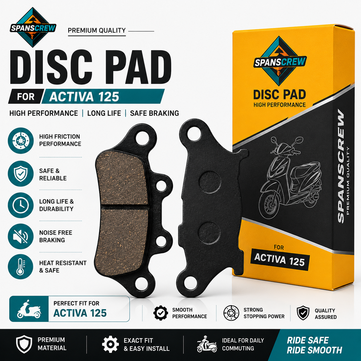 SpanScrew Disc Brake Pad for Honda Activa 125 | Premium Front Disc Pad | High Performance Brake Pads