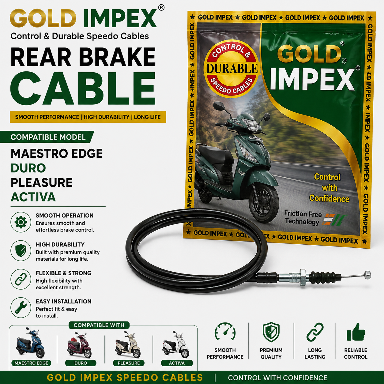Gold Impex Rear Brake Cable for Hero Maestro Edge, Hero Duro, Hero Pleasure & Honda Activa | Friction Free | Premium Replacement Cable