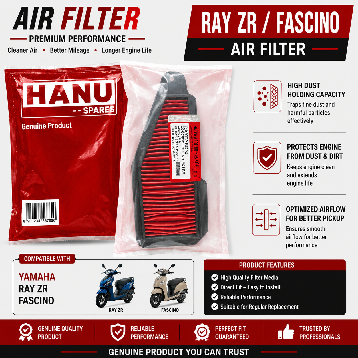 Hanu Air Filter for Yamaha Ray ZR / Fascino | Scooter Replacement Air Filter