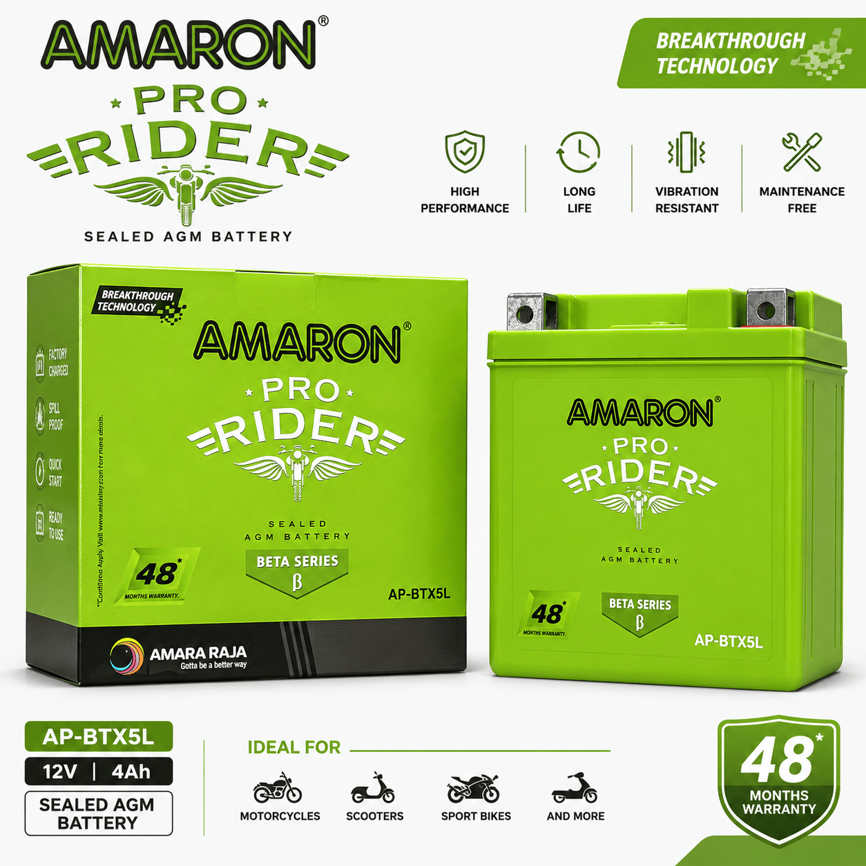 Span ScrewAmaron Pro Rider AP-BTX5L Sealed AGM Two Wheeler Battery | 12V 4AhTwo Wheeler Battery