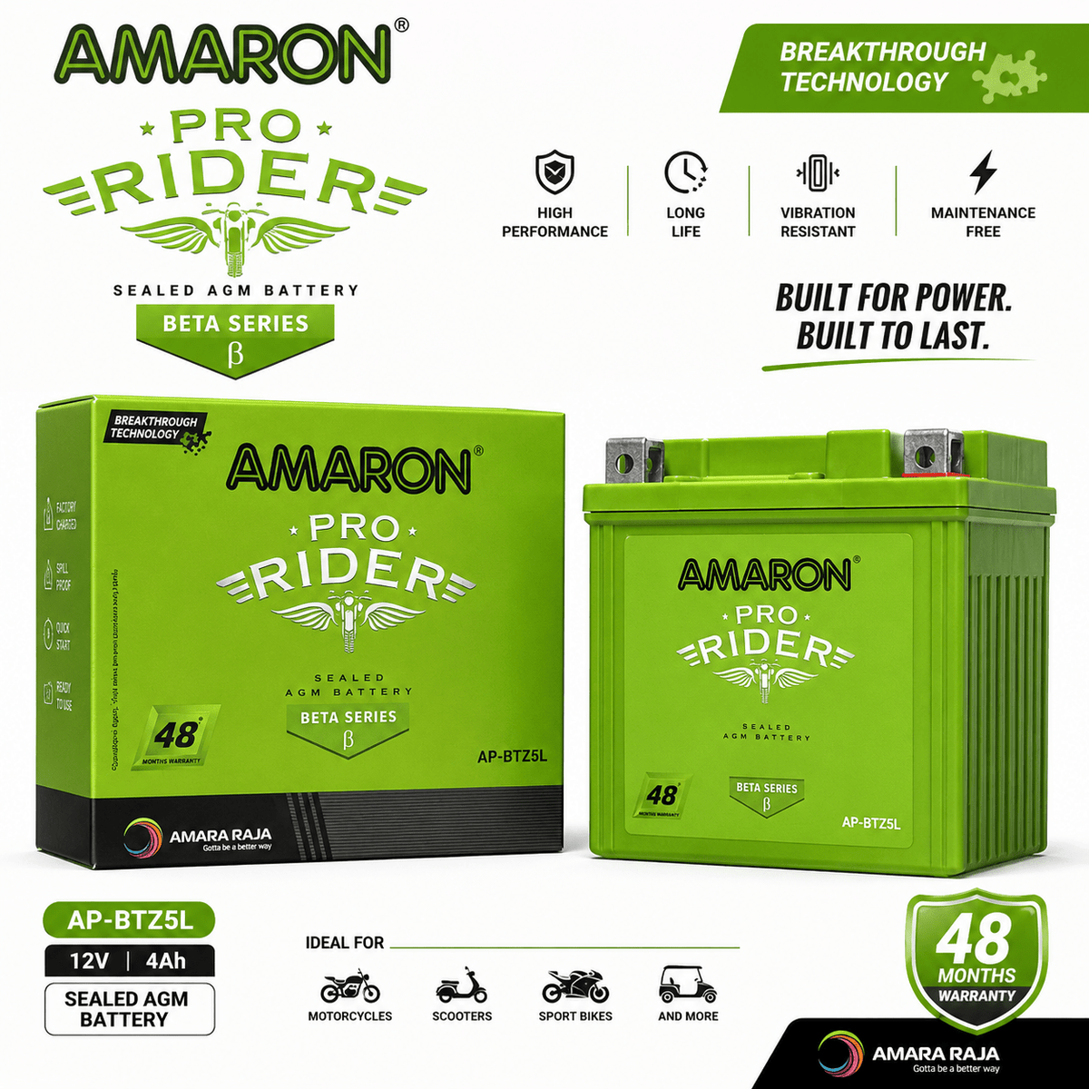 Span ScrewAmaron Pro Rider AP-BTZ5L Sealed AGM Two Wheeler Battery | 12V 4AhTwo Wheeler Battery