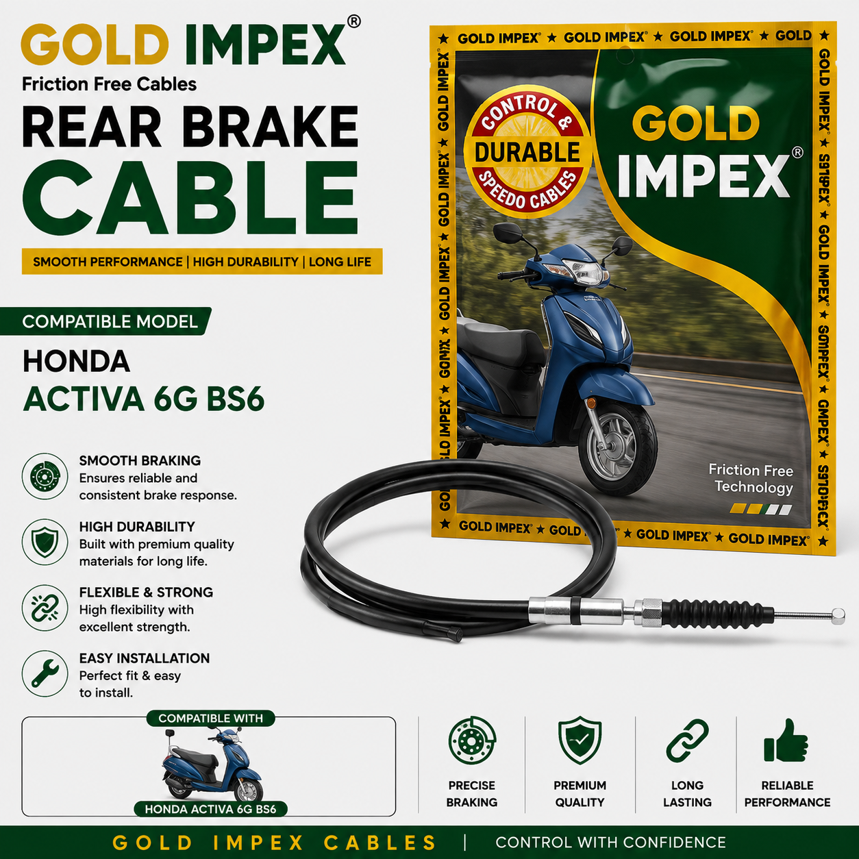 Gold Impex Rear Brake Cable for Honda Activa 6G BS6 | Friction Free Cable