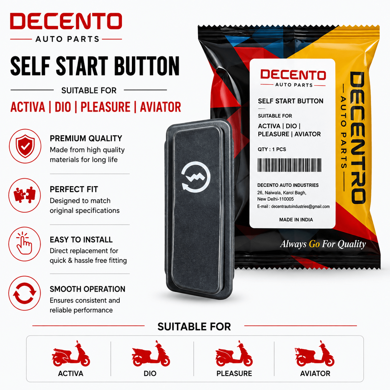 Span ScrewDecento Self Start Button for Honda Activa, Dio, Hero Pleasure & Aviator | Scooter Starter SwitchSelf Start Button / Starter Switch