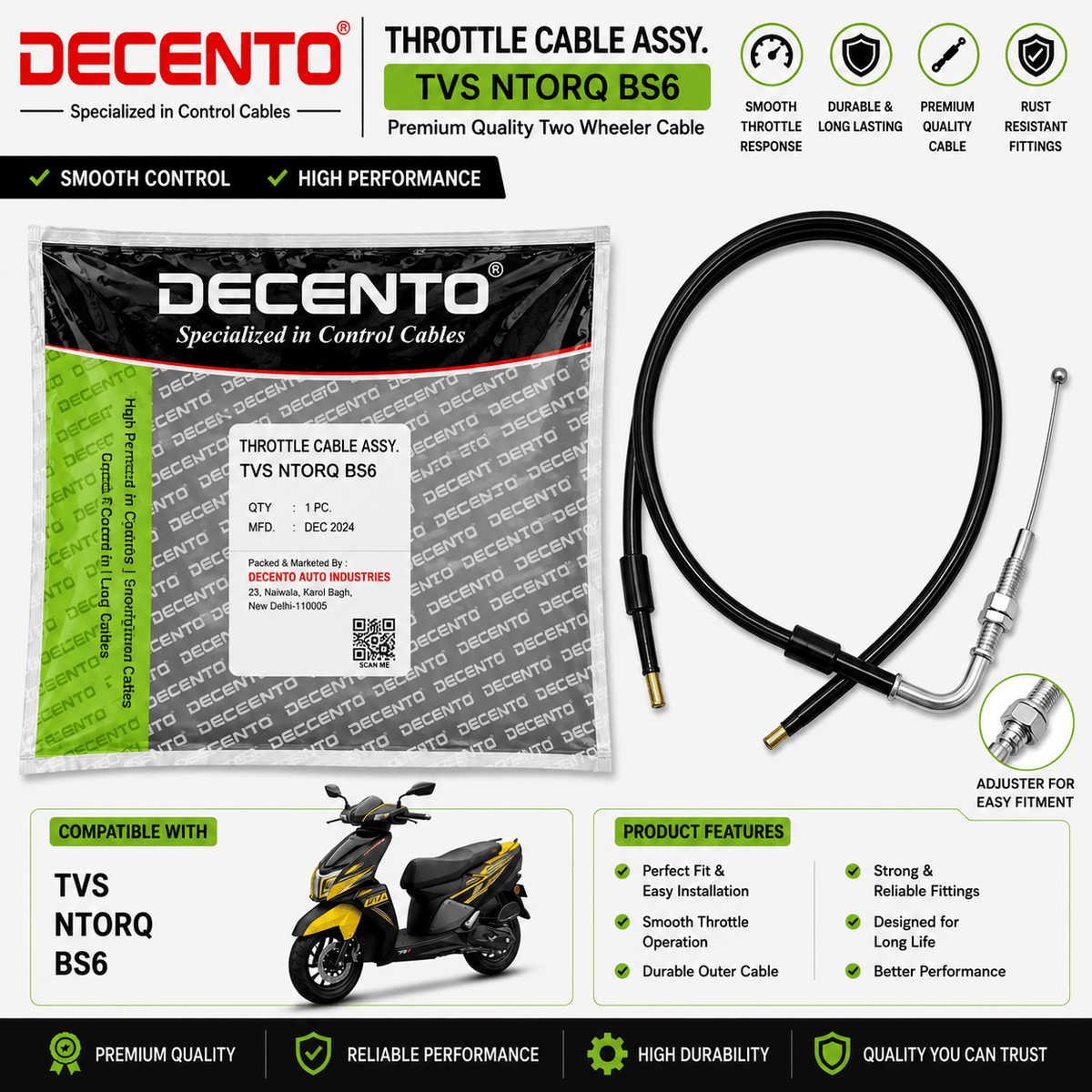 Span ScrewDECENTO Throttle Cable Assembly for TVS Ntorq BS6 | Accelerator CableAccelerator Cable