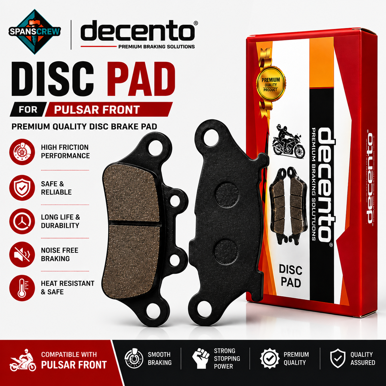 Decento Disc Brake Pad for Bajaj Pulsar Front | Premium Brake Pads | Span Screw