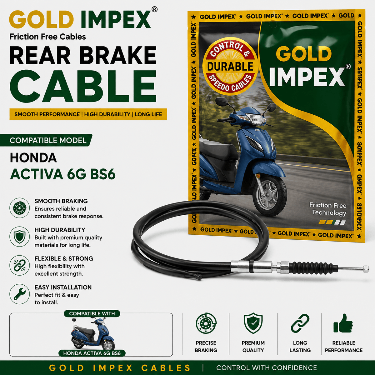 Span ScrewGold Impex Rear Brake Cable for Honda Activa 6G BS6 | Friction Free CableRear Brake Cable