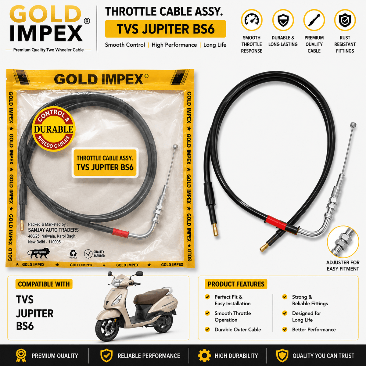 Span ScrewGOLD IMPEX Throttle Cable Assembly for TVS Jupiter BS6 | Accelerator CableAccelerator Cable