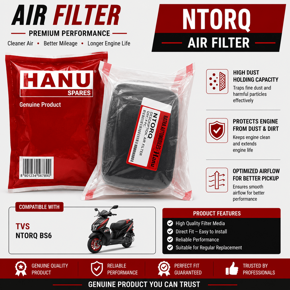 Span ScrewHanu Air Filter for TVS NTORQ | Replacement Scooter Air Filter