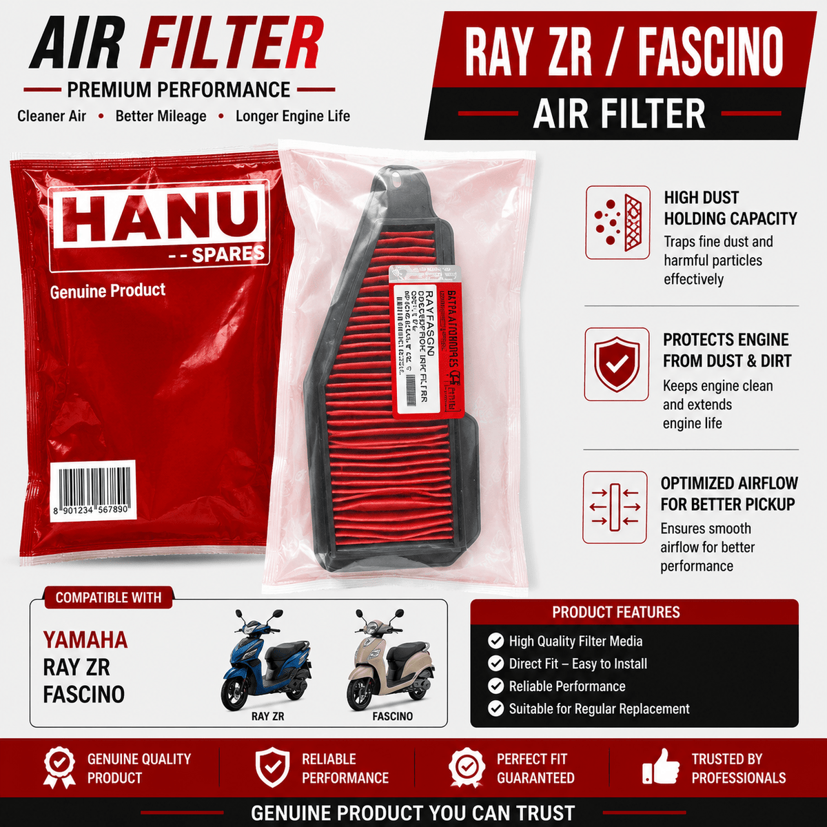 Span ScrewHanu Air Filter for Yamaha Ray ZR / Fascino | Scooter Replacement Air Filter