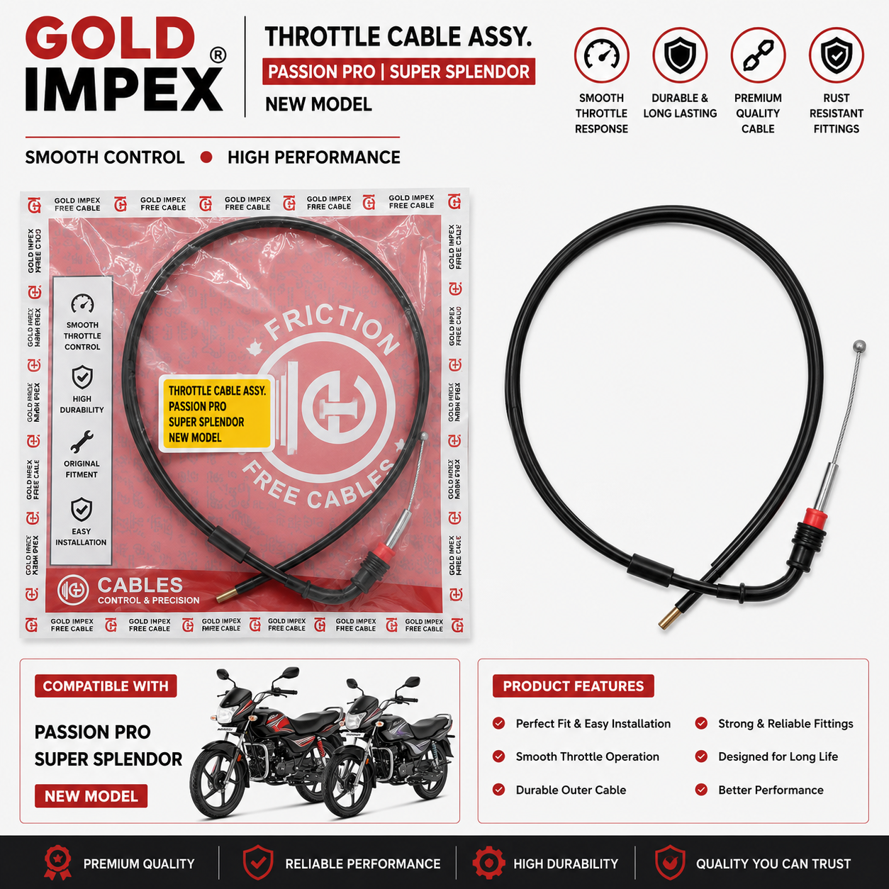 Gold Impex Throttle Cable Assembly for Hero Passion Pro & Super Splendor – New Model