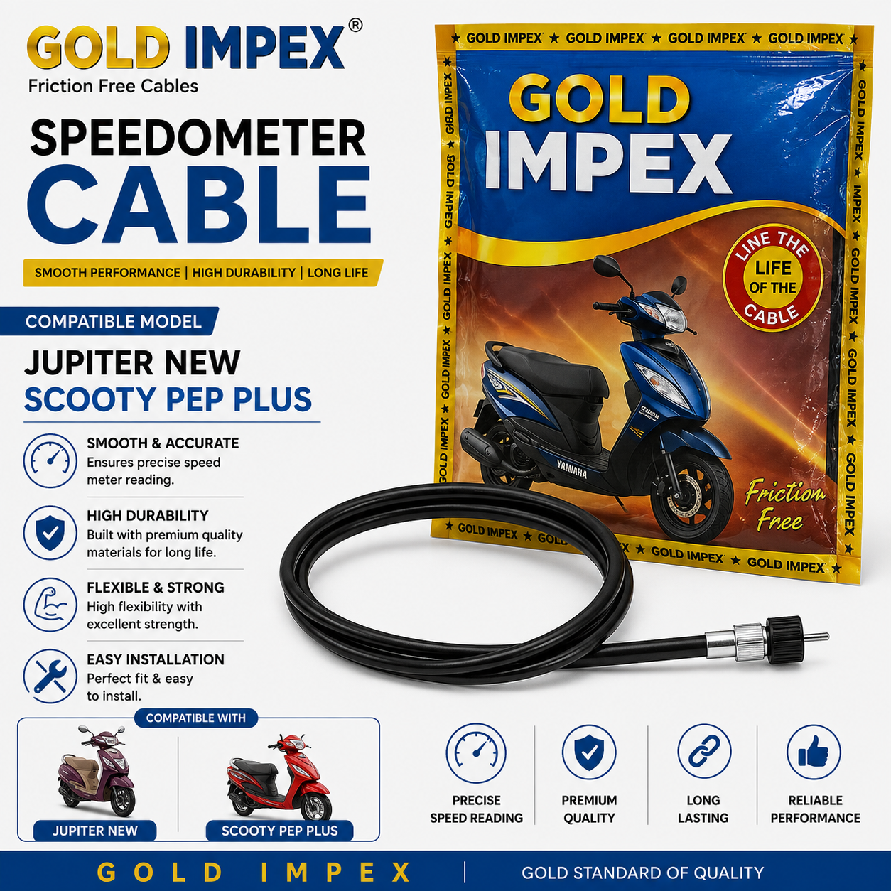 Gold Impex Speedometer Cable for TVS Jupiter New & Scooty Pep Plus | Friction Free Premium Meter Cable