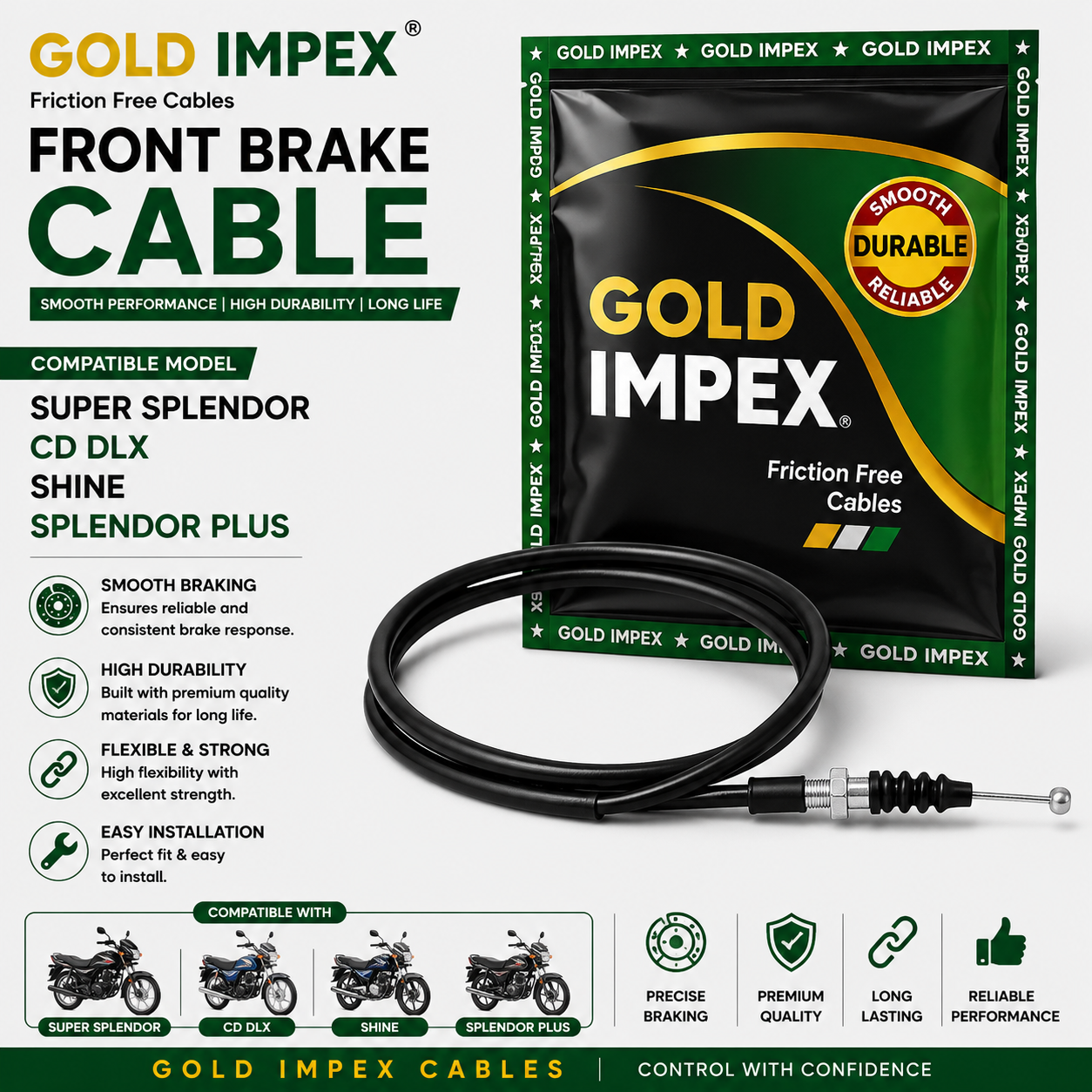 Gold Impex Front Brake Cable for Hero Super Splendor, CD Deluxe, Honda Shine & Splendor Plus | Friction Free Cable