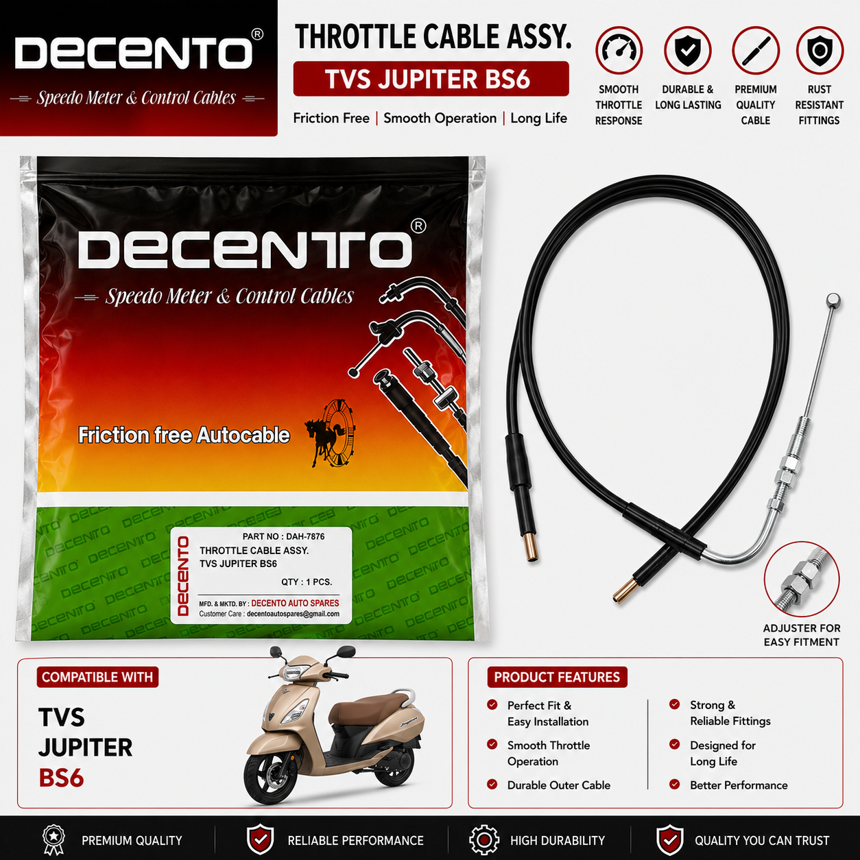 Decento Throttle Cable Assembly for TVS Jupiter BS6 | Premium Friction-Free Control Cable