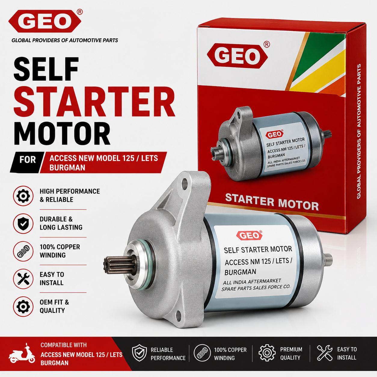 GEO Self Starter Motor for Suzuki Access 125 (New Model), Lets & Burgman | Premium Starter Motor Assembly