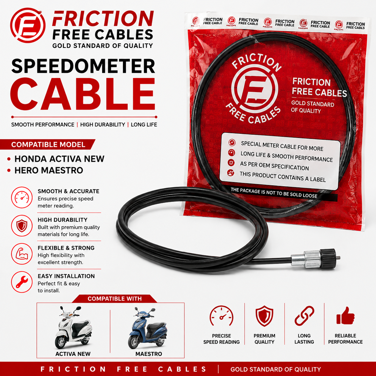 Friction Free Speedometer Cable for Honda Activa New & Hero Maestro | Premium Meter Cable | Smooth & Accurate Speed Display