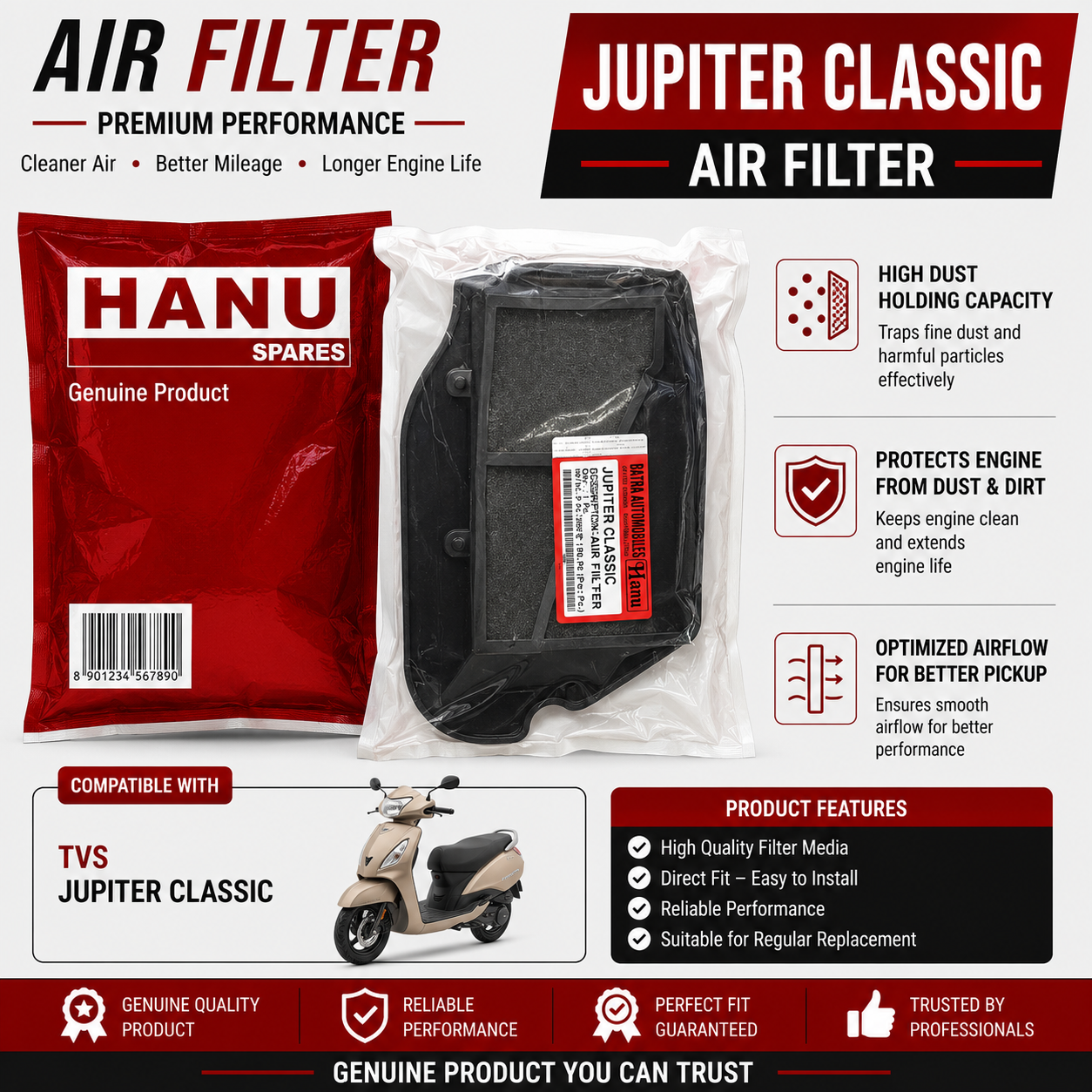 TVS Jupiter Classic Air Filter | Hanu Spares | Replacement Air Filter