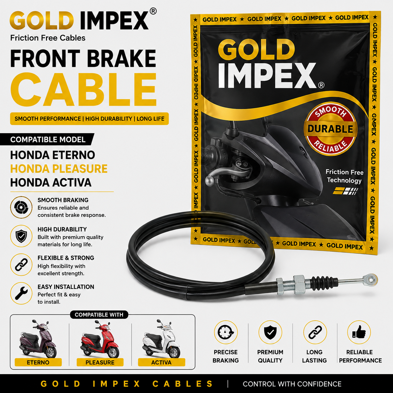 Gold Impex Front Brake Cable for Honda Eterno, Hero Pleasure & Honda Activa | Friction Free | Premium Replacement Cable