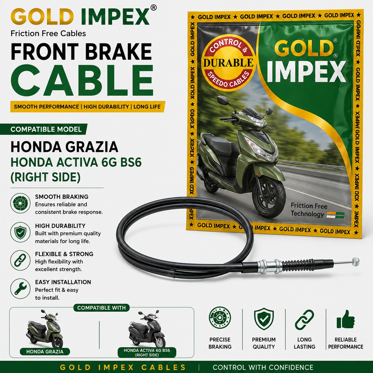 Gold Impex Front Brake Cable for Honda Grazia & Activa 6G BS6 (Right Side) | Friction Free Cable