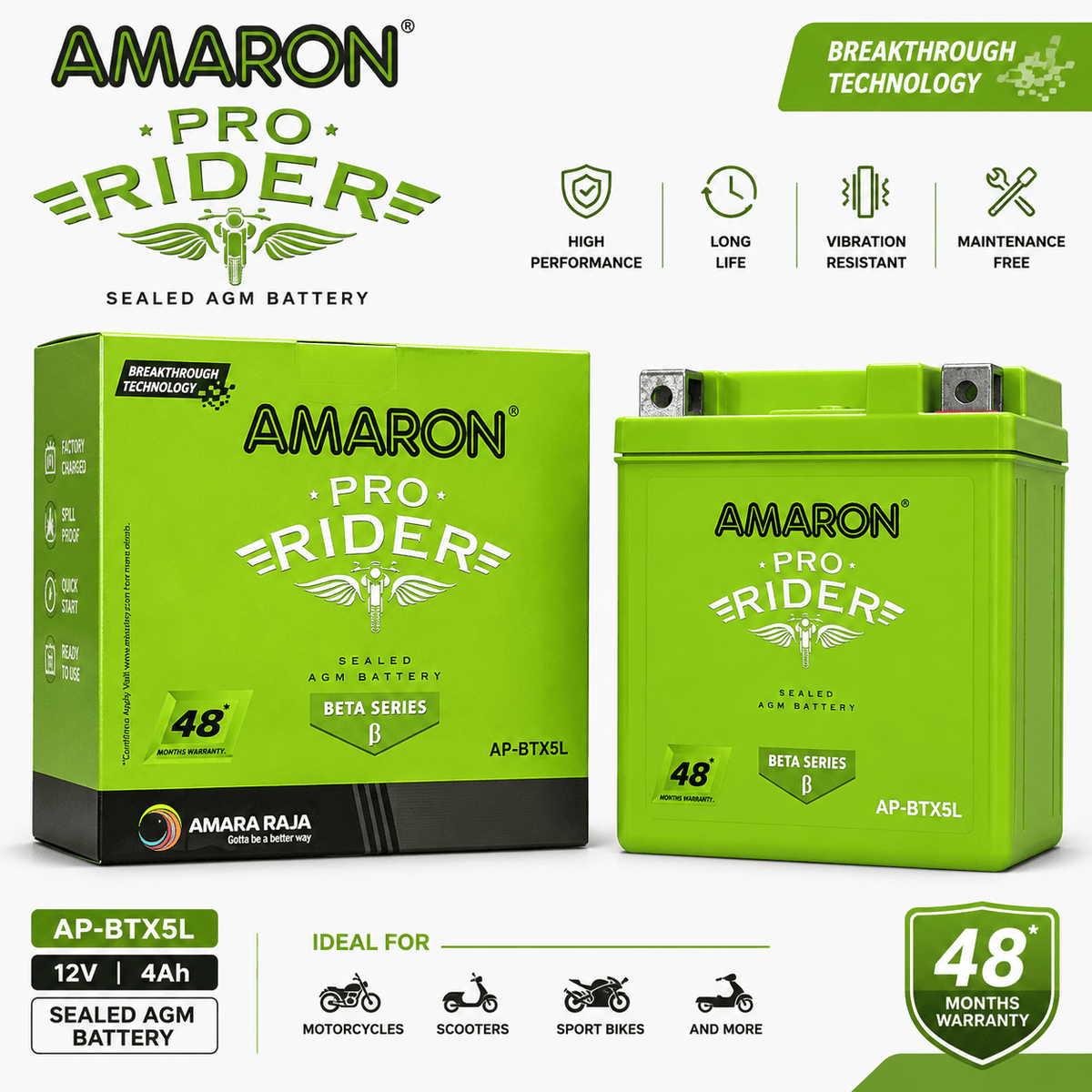 Span ScrewAmaron Pro Rider AP-BTX5L Sealed AGM Two Wheeler Battery | 12V 4AhTwo Wheeler Battery
