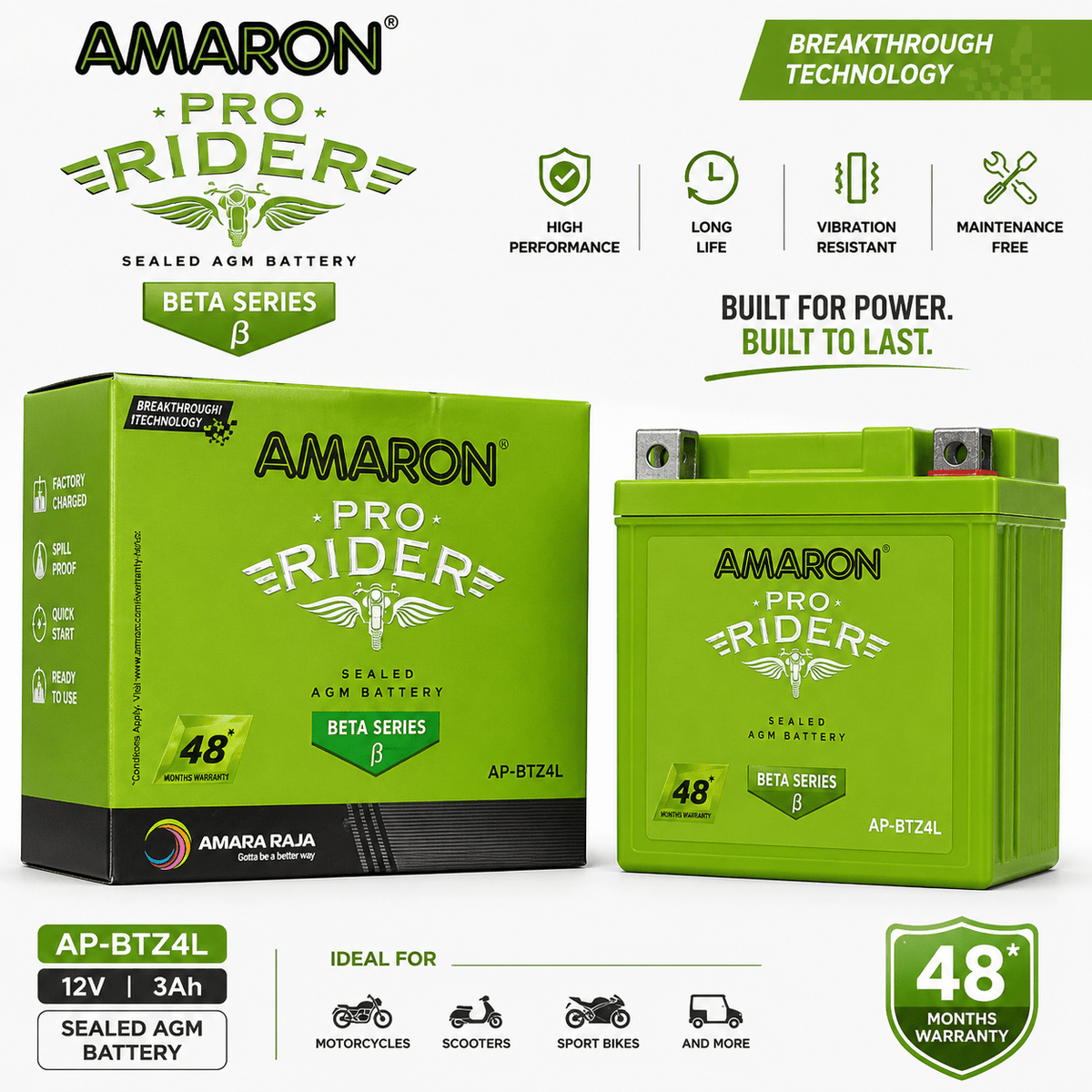 Span ScrewAmaron Pro Rider AP-BTZ4L Sealed AGM Two Wheeler Battery | 12V 3AhTwo Wheeler Battery