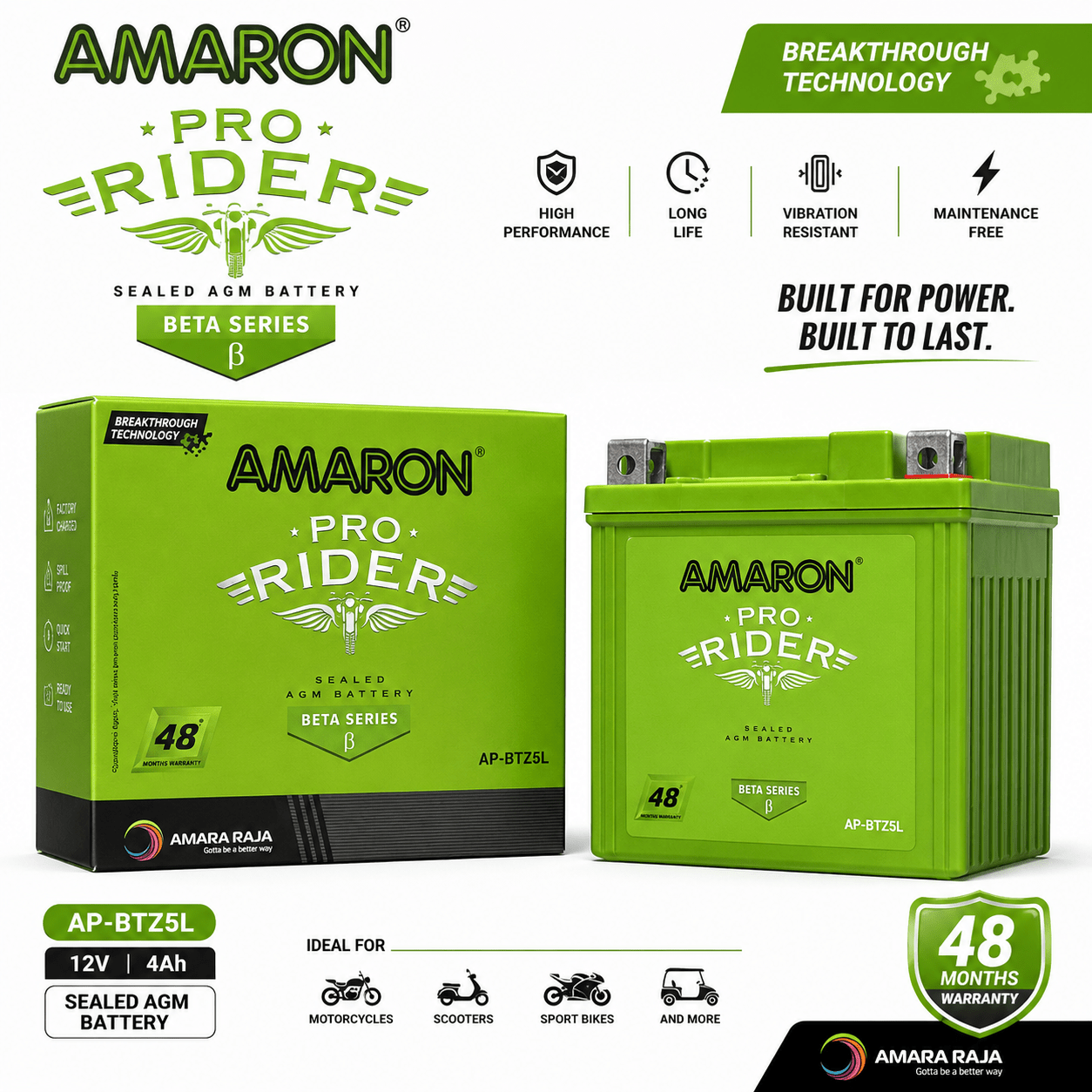 Span ScrewAmaron Pro Rider AP-BTZ5L Sealed AGM Two Wheeler Battery | 12V 4AhTwo Wheeler Battery