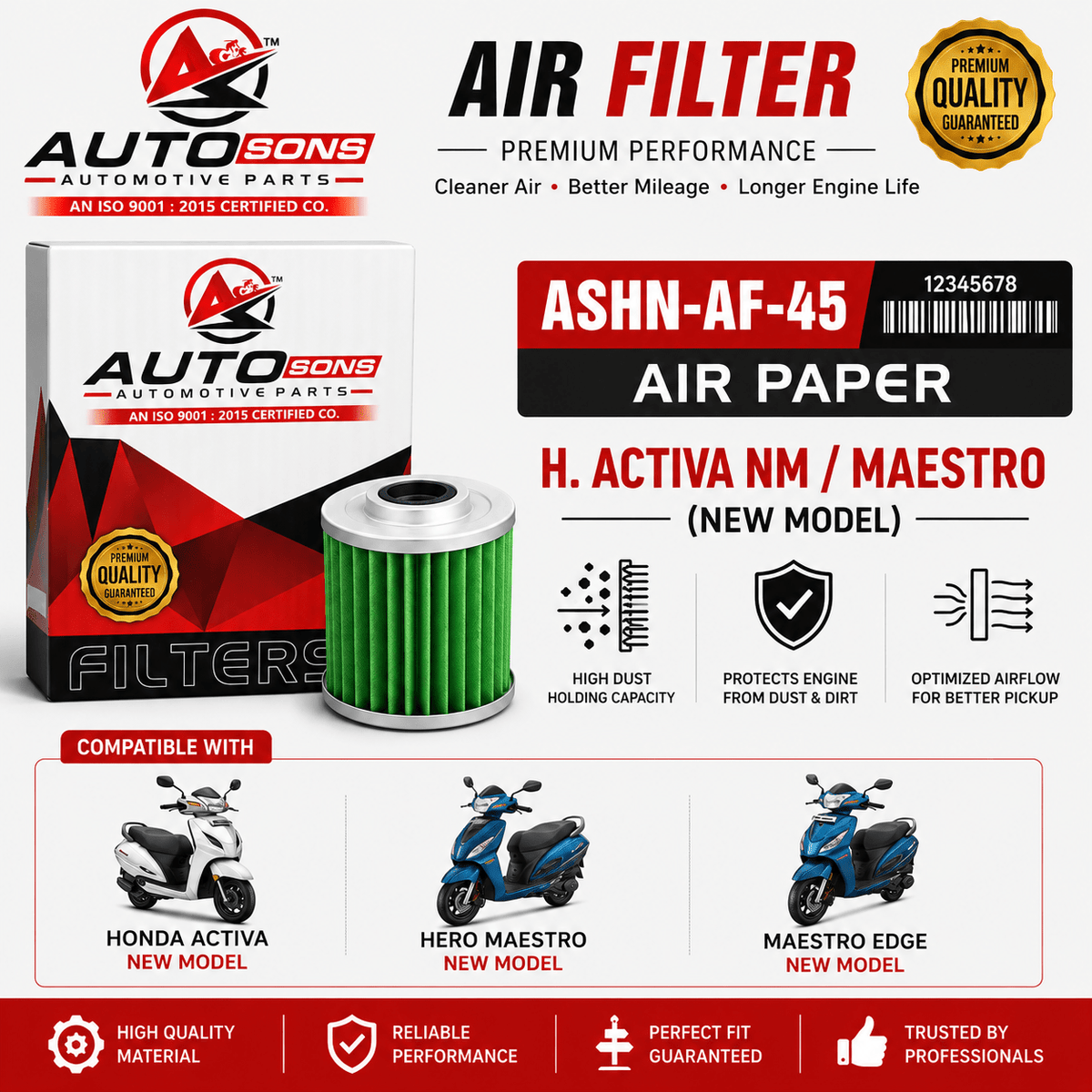 Span ScrewAutosons Air Filter ASHN-AF-45 for Honda Activa New Model & Hero Maestro