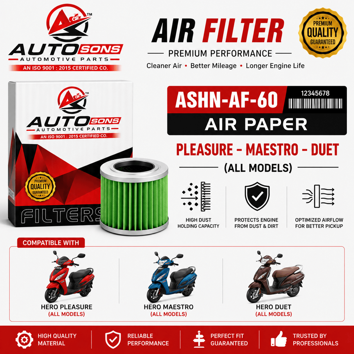 Span ScrewAutosons Air Filter for Hero Pleasure, Maestro & Duet | ASHN-AF-60