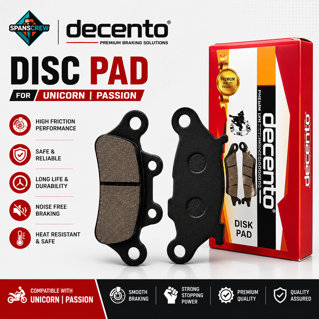 Decento Disc Brake Pad for Honda Unicorn & Hero Passion | Premium Motorcycle Brake Pad Set