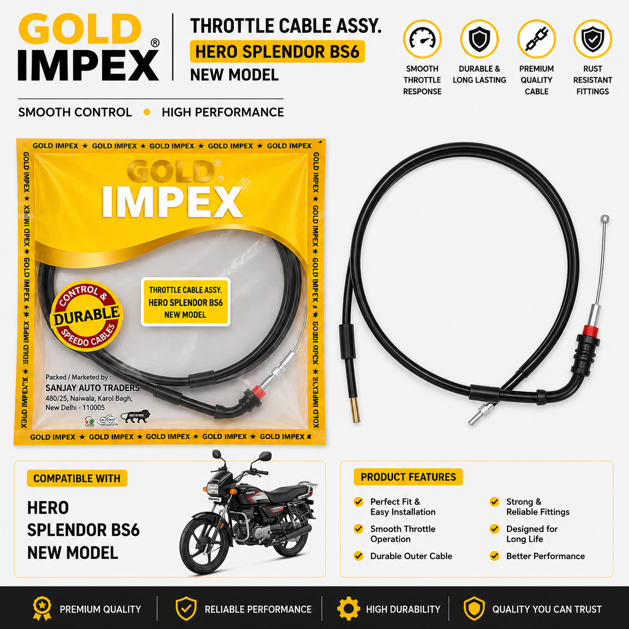 Gold Impex Throttle Cable Assembly for Hero Splendor BS6 – New Model