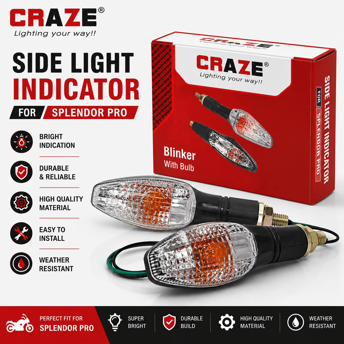 Span ScrewCraze Side Light Indicator for Hero Splendor Pro | Blinker with Bulb | Premium Indicator SetSide Light Indicator