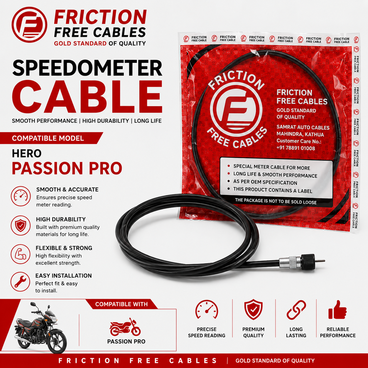 Friction Free Speedometer Cable for Hero Passion Pro | Premium Quality Meter Cable