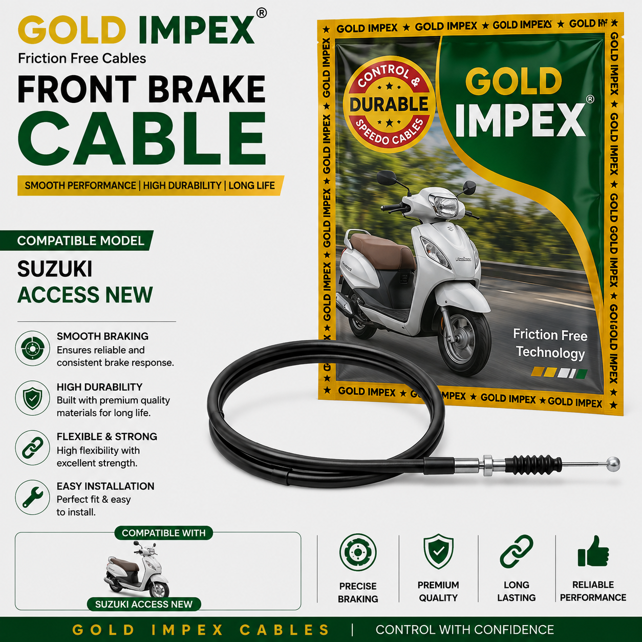 Gold Impex Front Brake Cable for Suzuki Access New | Friction Free Cable