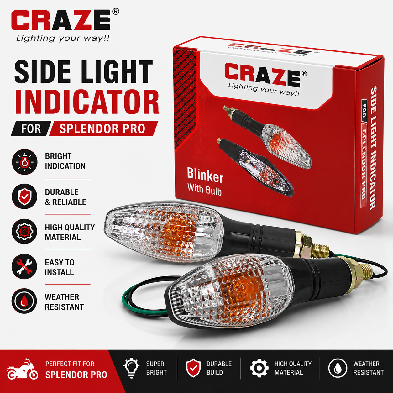 Craze Side Light Indicator for Hero Splendor Pro | Blinker with Bulb | Premium Indicator Set