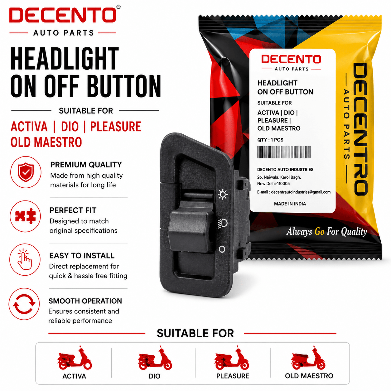 Span ScrewDecento Headlight ON/OFF Button Switch for Activa, Dio, Pleasure & Old MaestroHeadlight Switch
