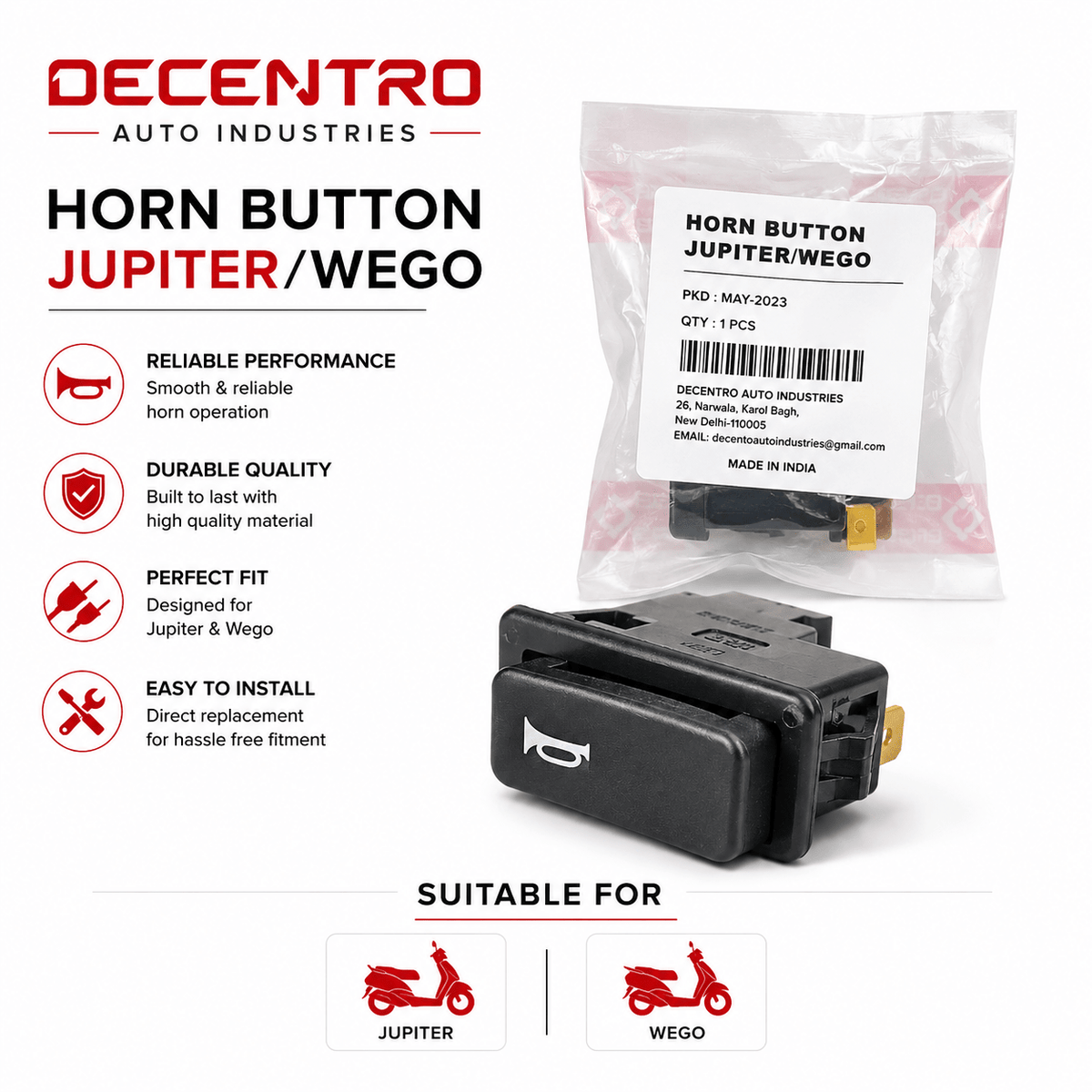 Span ScrewDecento Horn Button for TVS Jupiter & Wego | Two Wheeler Horn SwitchHorn Button / Horn Switch