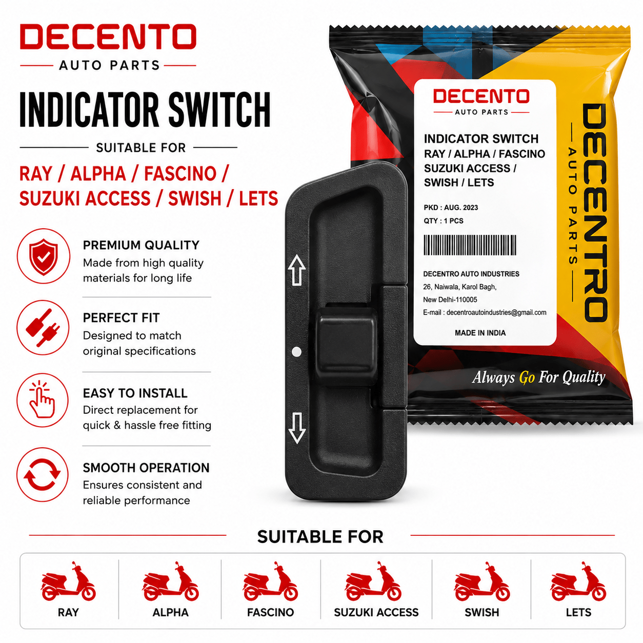 Span ScrewDecento Indicator Switch for Yamaha Ray, Alpha, Fascino & Suzuki Access, Swish, LetsSide Light Indicator Button / Indicator Switch