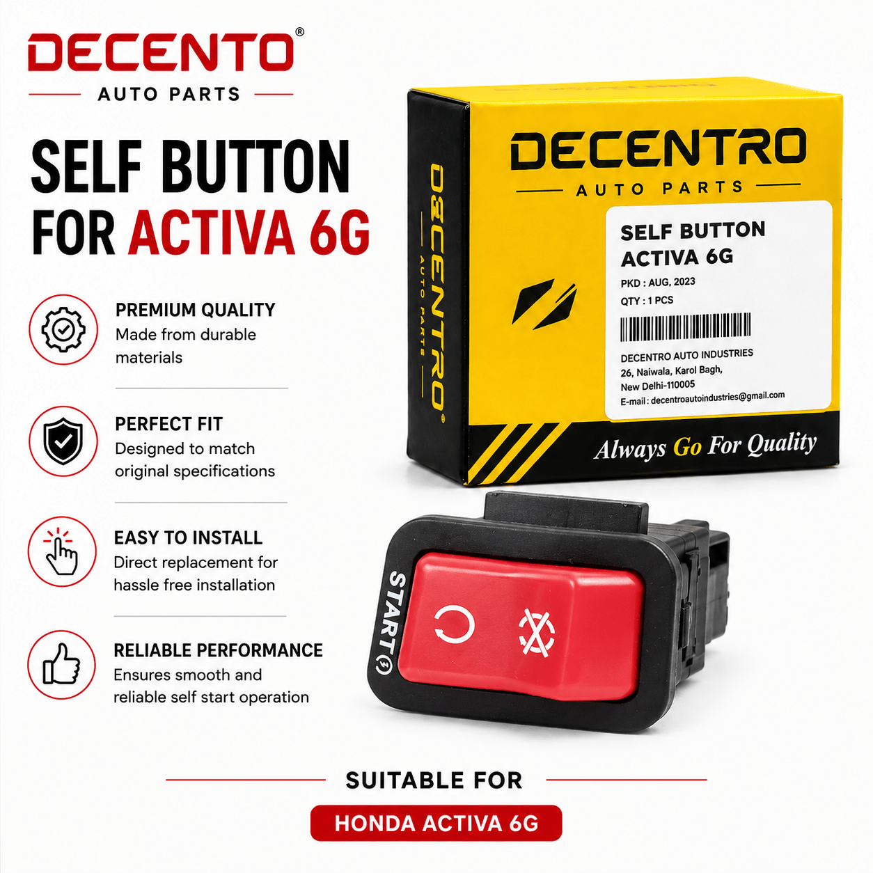 Span ScrewDecento Self Start Button for Honda Activa 6G | Scooter Starter SwitchSelf Start Button / Starter Switch