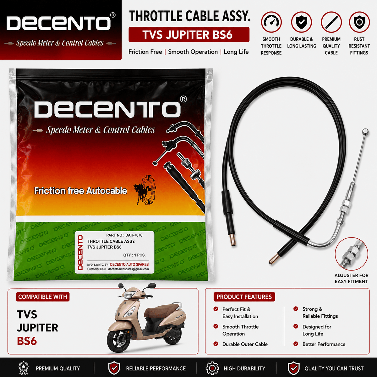 Span ScrewDecento Throttle Cable Assembly for TVS Jupiter BS6 | Premium Friction-Free Control CableAccelerator Cable