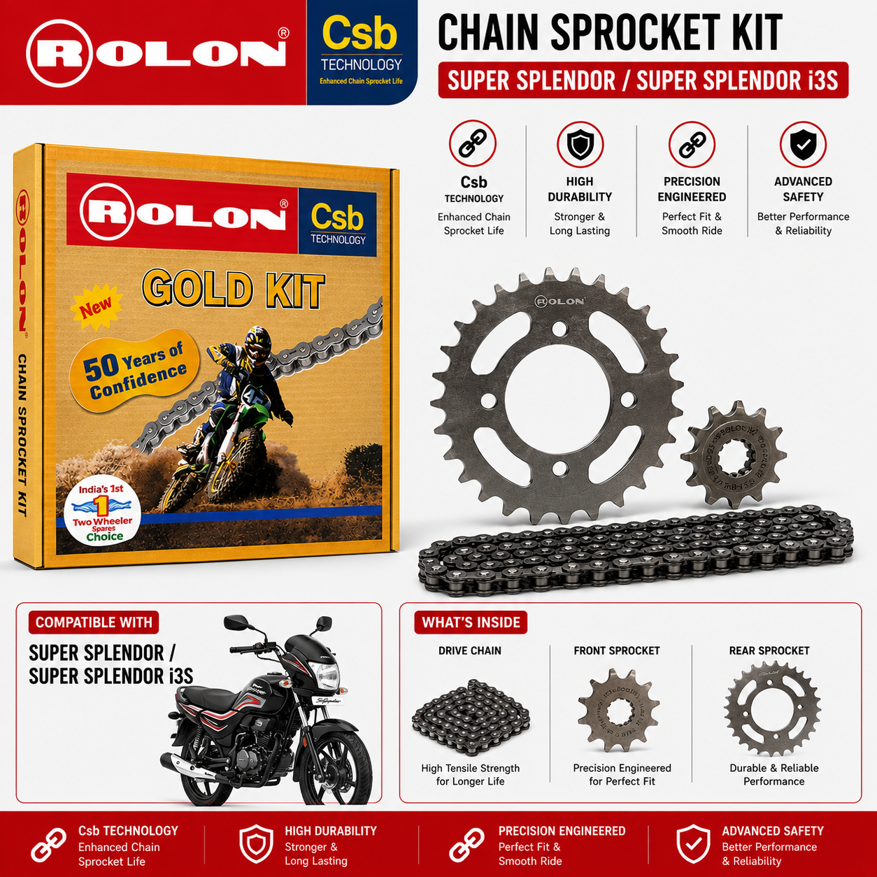Rolon Gold Chain Sprocket Kit for Hero Super Splendor / Super Splendor i3S | CSB Technology