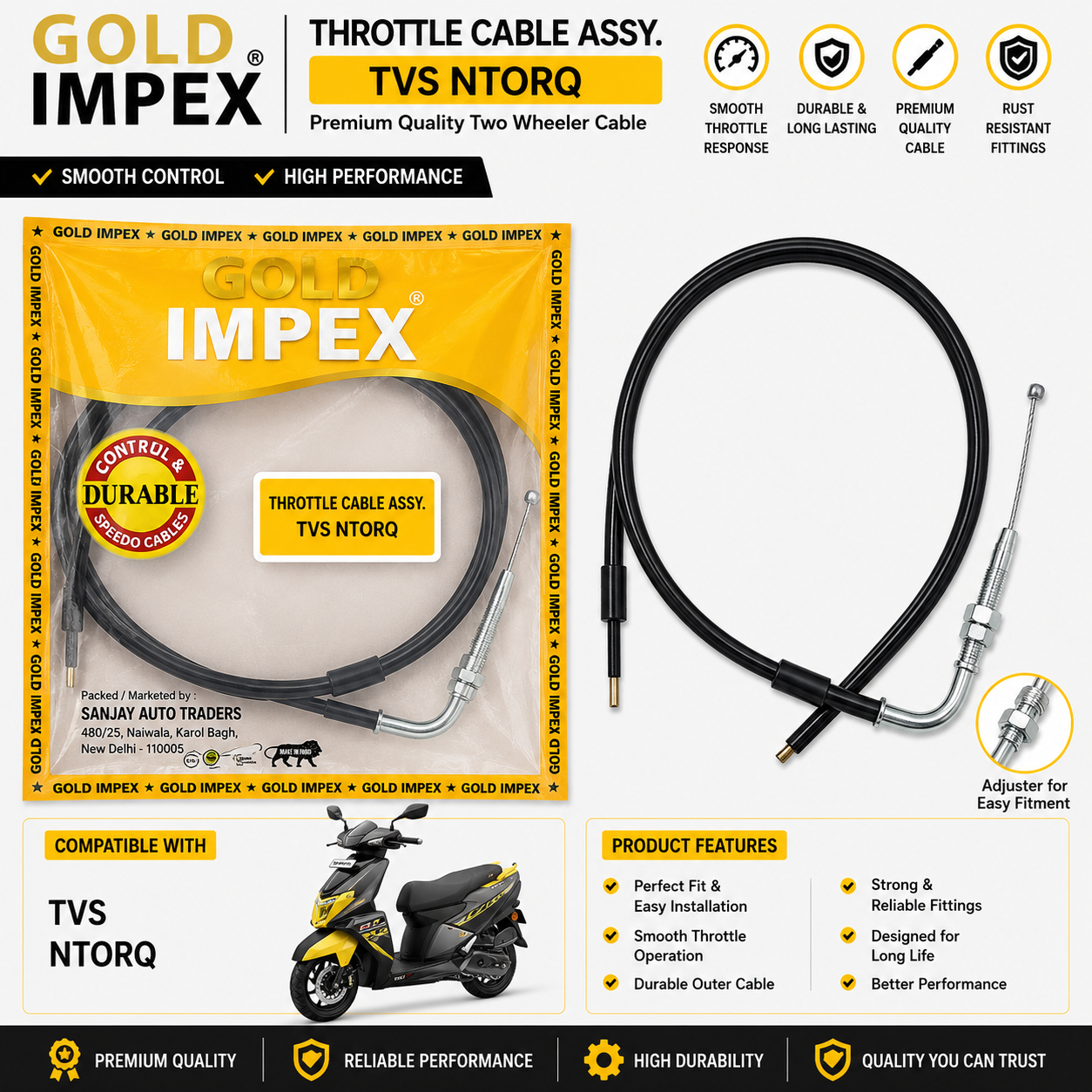 Gold Impex Throttle Cable Assembly for TVS Ntorq | Accelerator Cable